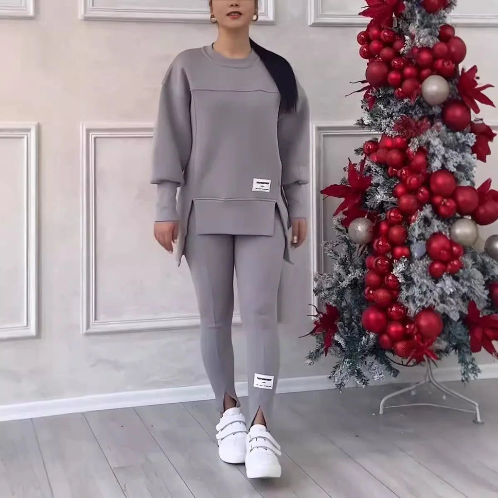 2pcs Women Sport Suit Hoodie Sweatshirt Winter Loose Irregular Top + Leggings Pant Casual Jogger Outfit  Sports Two-piece Set Urban Fashion Icon