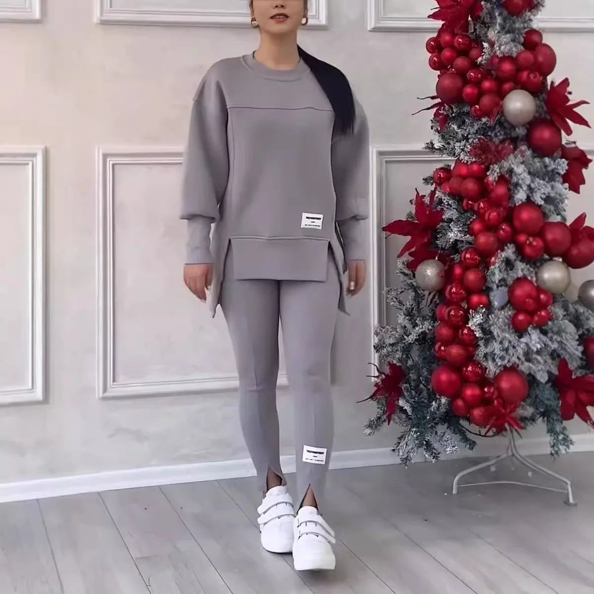 2pcs Women Sport Suit Hoodie Sweatshirt Winter Loose Irregular Top + Leggings Pant Casual Jogger Outfit  Sports Two-piece Set Urban Fashion Icon