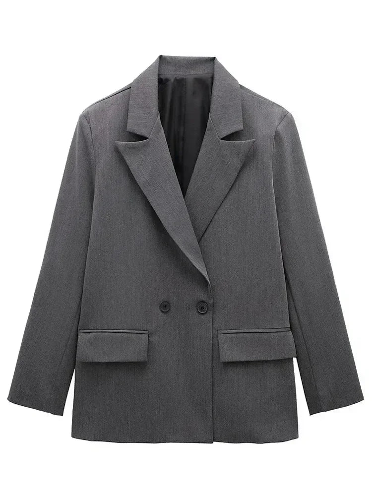 Willshela Women Fashion With Pockets Solid Double Breasted Blazer Vintage Long Sleeves Notched Neck Female Office Lady Outfits Femstylo