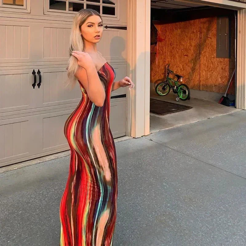 Spring And Summer Dresses For Women Chest Wrap Printed Off Shoulder Bandage Slim Sexy Long Dress 2023 New Fashion party MsChuh Femstylo
