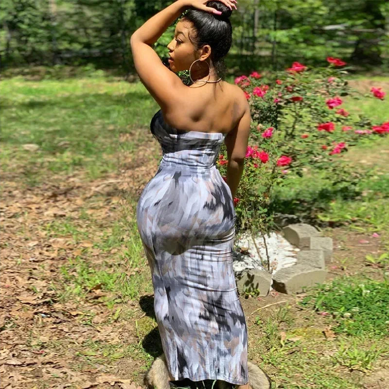 Spring And Summer Dresses For Women Chest Wrap Printed Off Shoulder Bandage Slim Sexy Long Dress 2023 New Fashion party MsChuh Femstylo
