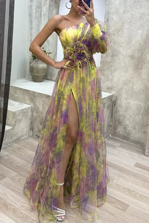Elegant Oblique Shoulder Single-sleeve  Zipper High Slit Mesh Long Dress For Women Fashion Flower Decoration Party Dress Female Femstylo