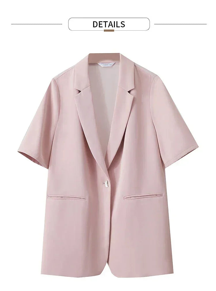 Amii Women's Top Minimalist 2025 Summer New Notched Lapel Contrast Material Patchwork One Button Short Sleeve Blazer 12542081 Femstylo
