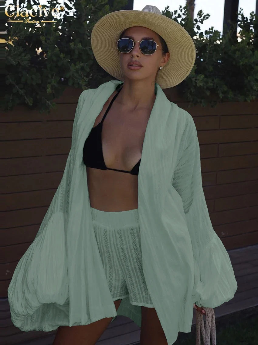 Clacive Fashion Loose White Cotton Sets For Women 2 Pieces 2025 Elegant Puff Sleeve Robes With High Waist Shorts Set Female Urban Fashion Icon