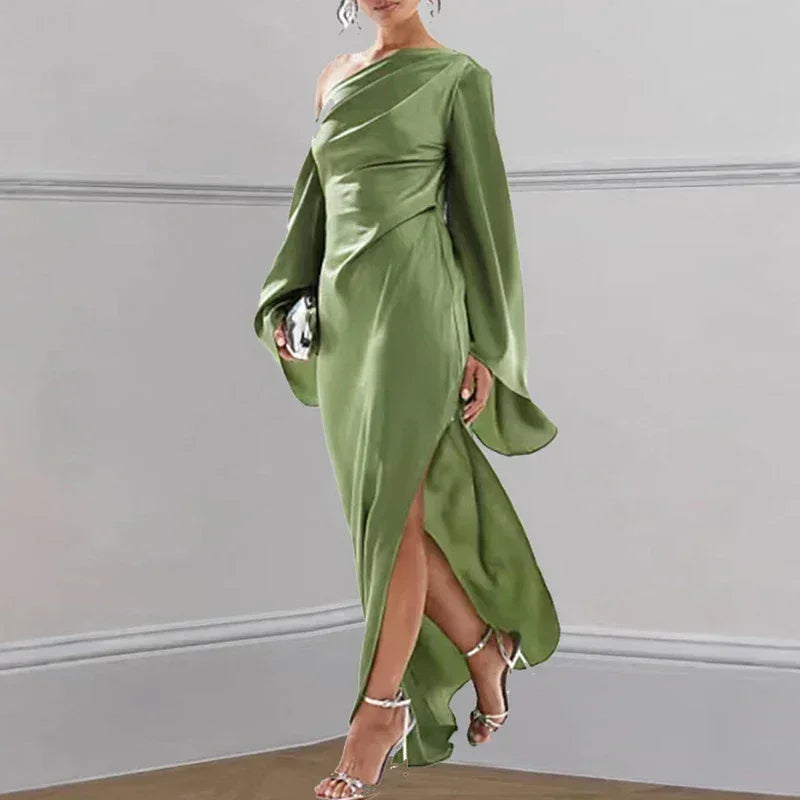 Sexy Oblique Shoulder Solid Irregular Dress Women Elegant Skew Collar Backless Long Dress Autumn Flare Sleeve Slit Party Dresses Femstylo