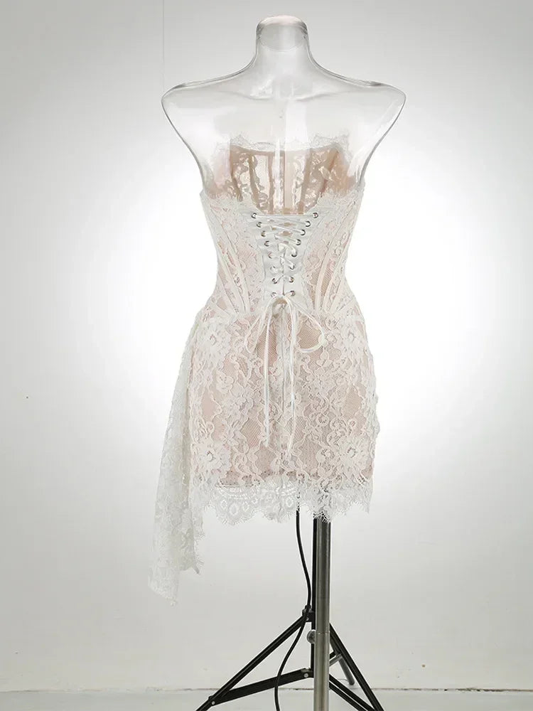 TARUXY Sexy Lace See-through Patchwork Corset Dress Female Bodycon Elegant Party MIrrgualr Mini Dress Women Tube Top Dress New Femstylo
