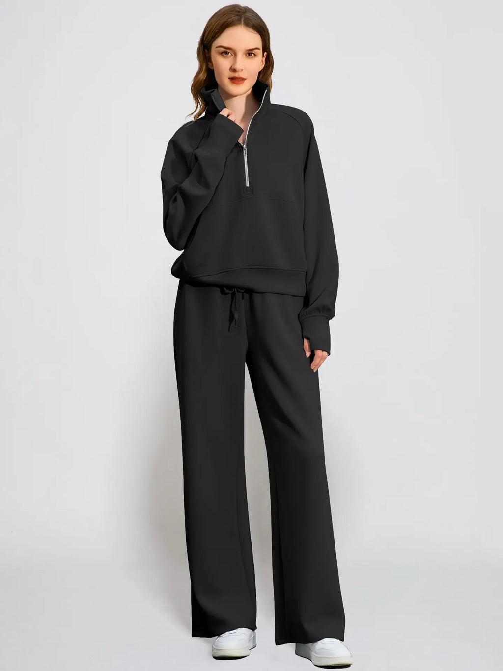 Woman Solid Color Half Zip Long Sleeve Sweatshirt and Wide Leg Pants Set Casual Sporty Two Piece Outfit Urban Fashion Icon