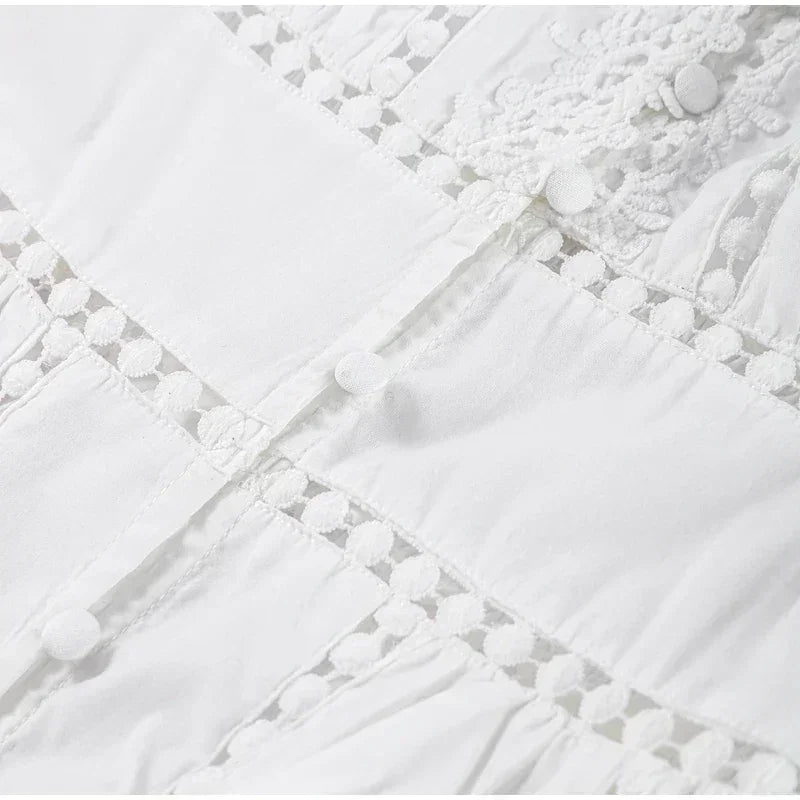Elegant Lace Patchwork Hollow Out Dress Women Solid V-neck Long Lantern Sleeve Loose Dresses 2025 Spring Vacation Lady Robes Femstylo