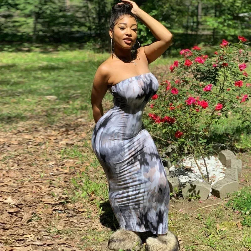 Spring And Summer Dresses For Women Chest Wrap Printed Off Shoulder Bandage Slim Sexy Long Dress 2023 New Fashion party MsChuh Femstylo
