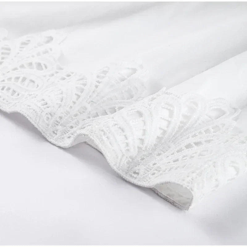 Elegant Lace Patchwork Hollow Out Dress Women Solid V-neck Long Lantern Sleeve Loose Dresses 2025 Spring Vacation Lady Robes Femstylo