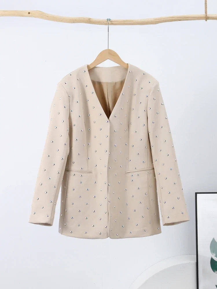 Rivet Fashion V-neck Balzer Coat Women Shoulder Pads Loose Fake Pocket Long Sleeve Jacket 2025 Spring Street Party Commute Tops Urban Fashion Icon