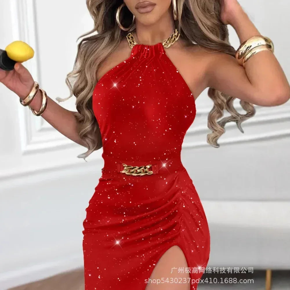 Women Spring Summer Glitter Lurex Halter High Slit Slim Fit Metal Chain Mid-Calf Bodycon Party Dress Sexy Femstylo
