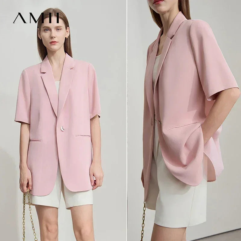 Amii Women's Top Minimalist 2025 Summer New Notched Lapel Contrast Material Patchwork One Button Short Sleeve Blazer 12542081 Femstylo