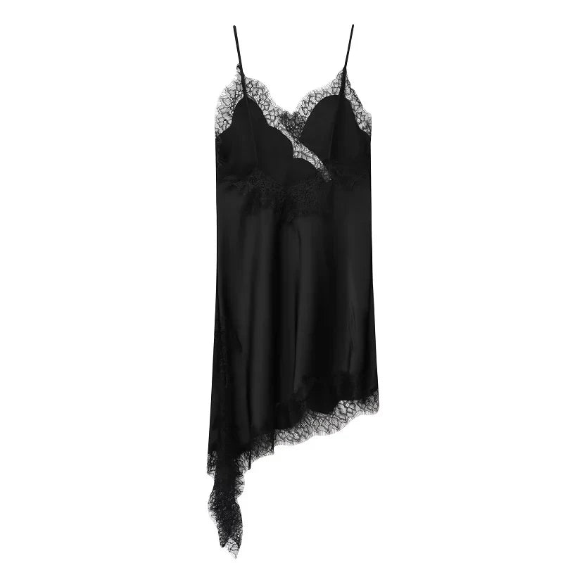 MUJER 2025 Lace Slip Dress Woman Black Backless Short Dresses for Women Asymmetric Party Women's Summer Dress Satin Sexy Dresses Urban Fashion Icon