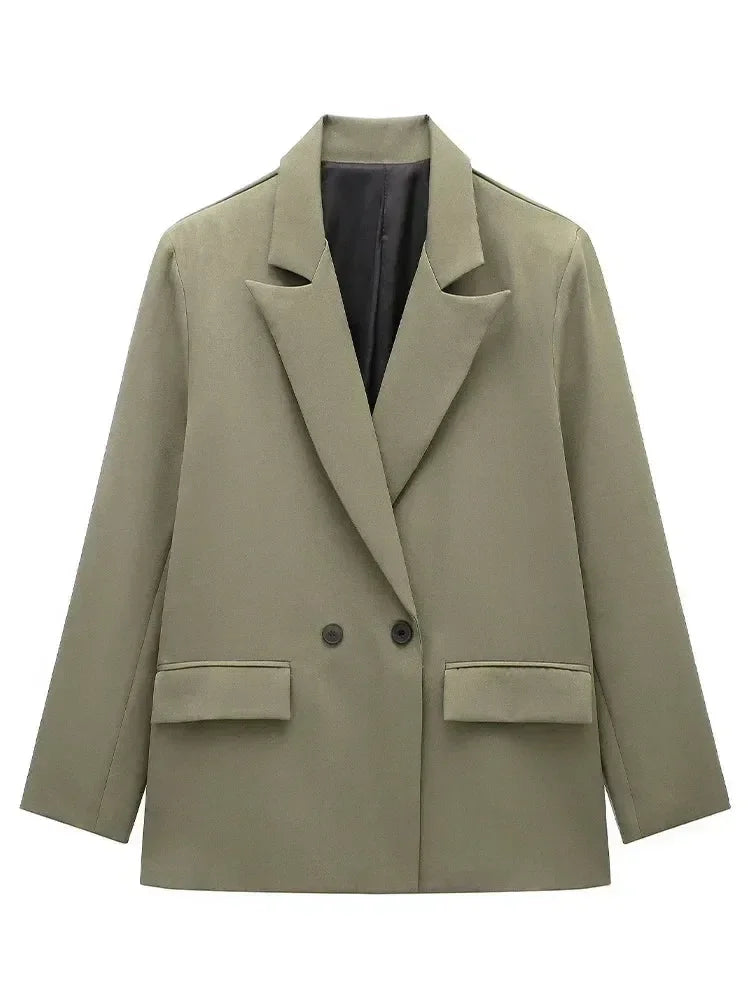Willshela Women Fashion With Pockets Solid Double Breasted Blazer Vintage Long Sleeves Notched Neck Female Office Lady Outfits Femstylo
