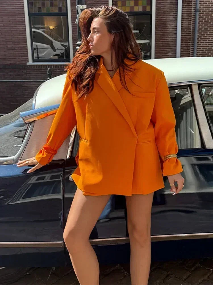 Women's V-Neck Side-Buttoned Suit Jacket Long Sleeve Solid Color Coats Pocket Cuffs Oversize Tops High Street Female Clothes Femstylo