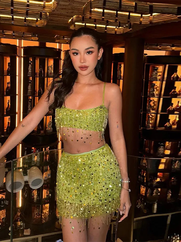 Sexy Tassel Chains Women's Set Elegant Solid Sequins Hip Package Female Party Mini Skirts Summer Holiday Lady Outfit Beachwear Urban Fashion Icon