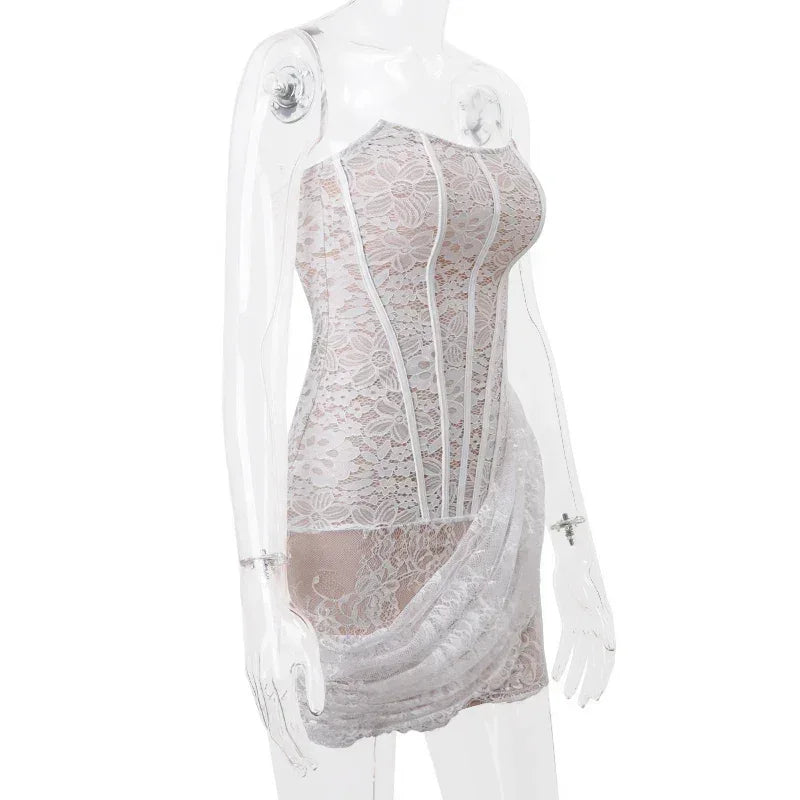 Candyhot Elegant Lace Strapless Sexy See-through Dress Bandage Irregular Mini Dress For Women Summer Slim Street Party Dress Femstylo