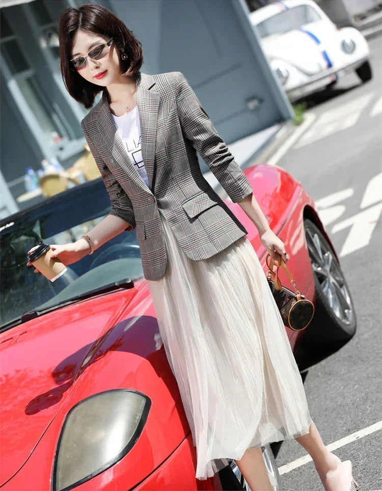 Gray Striped Plaid Blazer Jacket Women's Fashion Slim Coats V-Neck Single Button Ladies Blazers S-XXXXXL Femstylo
