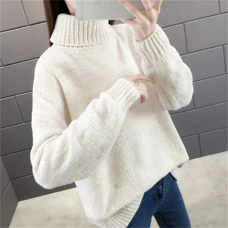 Chenille Turtleneck Sweater Women's Autumn Winter 2025 New Loose Elastic Thick Knitted Sweaters Solid Female Warm base Shirt Urban Fashion Icon