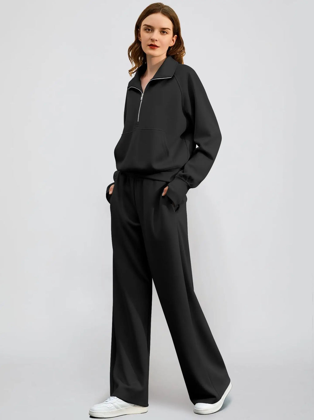 Woman Solid Color Half Zip Long Sleeve Sweatshirt and Wide Leg Pants Set Casual Sporty Two Piece Outfit Urban Fashion Icon
