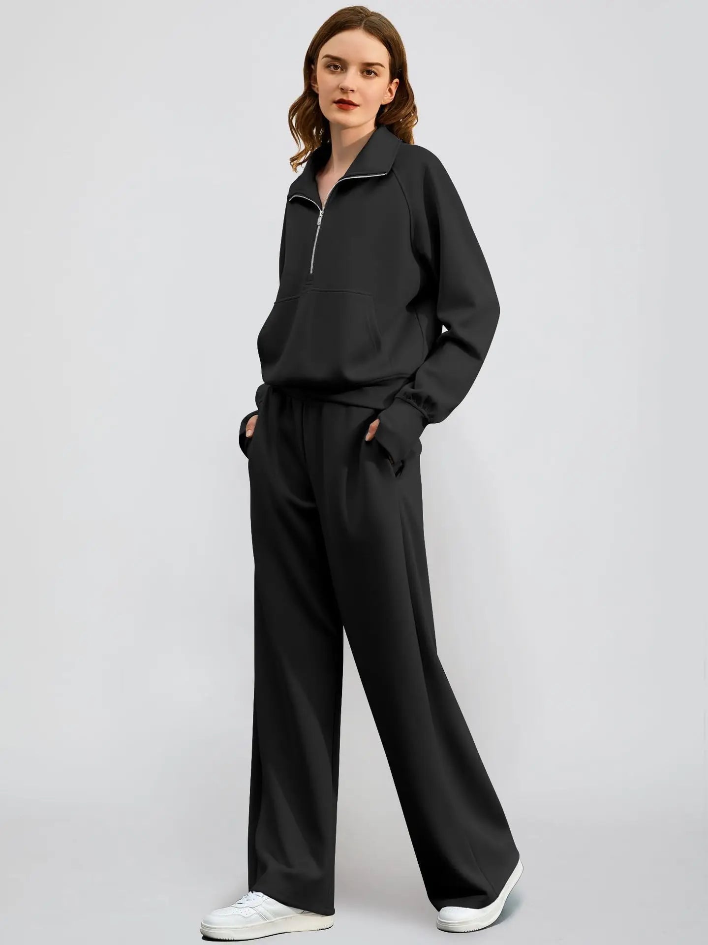 Woman Solid Color Half Zip Long Sleeve Sweatshirt and Wide Leg Pants Set Casual Sporty Two Piece Outfit Urban Fashion Icon