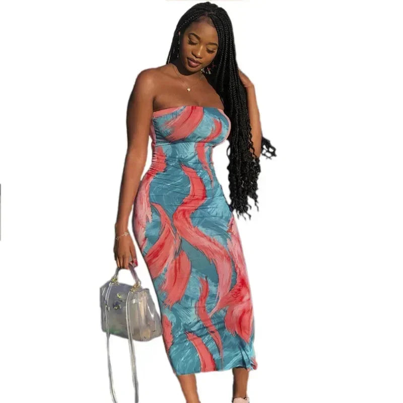 Spring And Summer Dresses For Women Chest Wrap Printed Off Shoulder Bandage Slim Sexy Long Dress 2023 New Fashion party MsChuh Femstylo