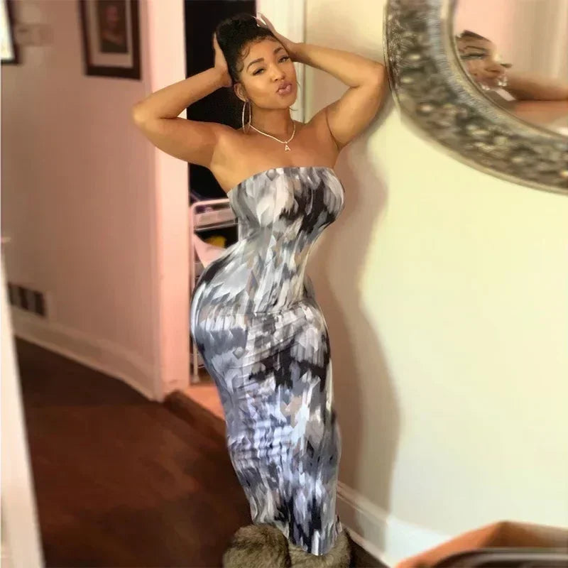 Spring And Summer Dresses For Women Chest Wrap Printed Off Shoulder Bandage Slim Sexy Long Dress 2023 New Fashion party MsChuh Femstylo