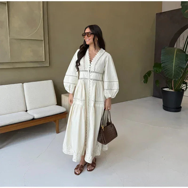 Elegant Lace Patchwork Hollow Out Dress Women Solid V-neck Long Lantern Sleeve Loose Dresses 2025 Spring Vacation Lady Robes Femstylo