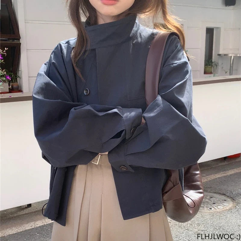 Korea Short Outerwear Woman Casual Loose Lazy Chic Long Sleeve Cotton Blends Windbreaker Coats Thin Thench Urban Fashion Icon