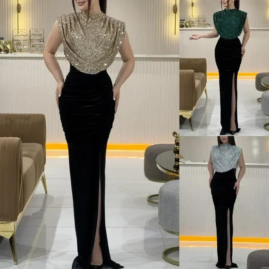 Lady Fashion Sleeveless Draped Split Dress Casual O Neck Sequin Splicing Party Dress 2025 New Year Elegant High Waist Long Dress Femstylo