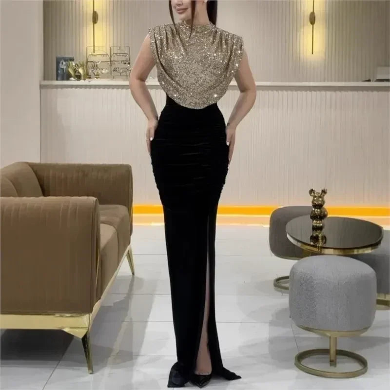 Lady Fashion Sleeveless Draped Split Dress Casual O Neck Sequin Splicing Party Dress 2025 New Year Elegant High Waist Long Dress Femstylo