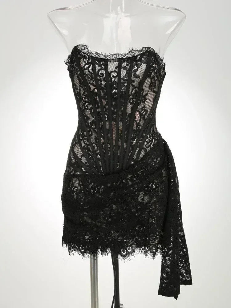TARUXY Sexy Lace See-through Patchwork Corset Dress Female Bodycon Elegant Party MIrrgualr Mini Dress Women Tube Top Dress New Femstylo