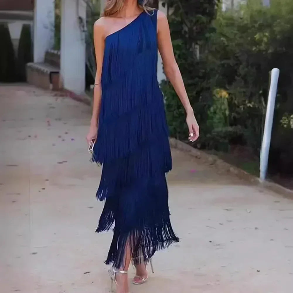 Spring and Summer New Fashion Fringed Slanted Shoulder Asymmetrical Dress for Women Femstylo