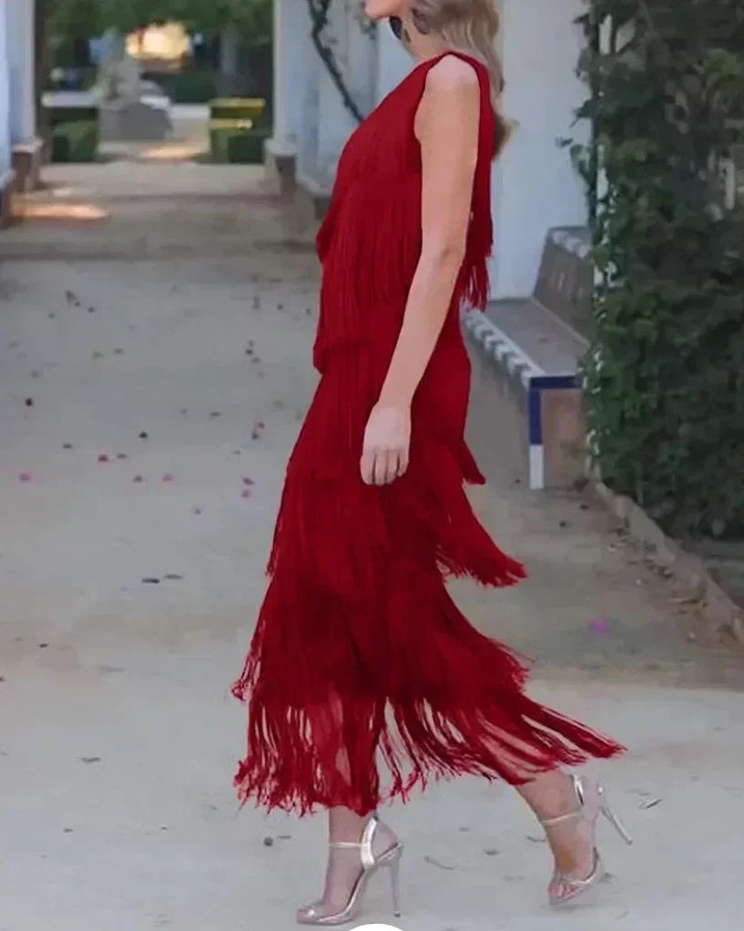 Spring and Summer New Fashion Fringed Slanted Shoulder Asymmetrical Dress for Women Femstylo