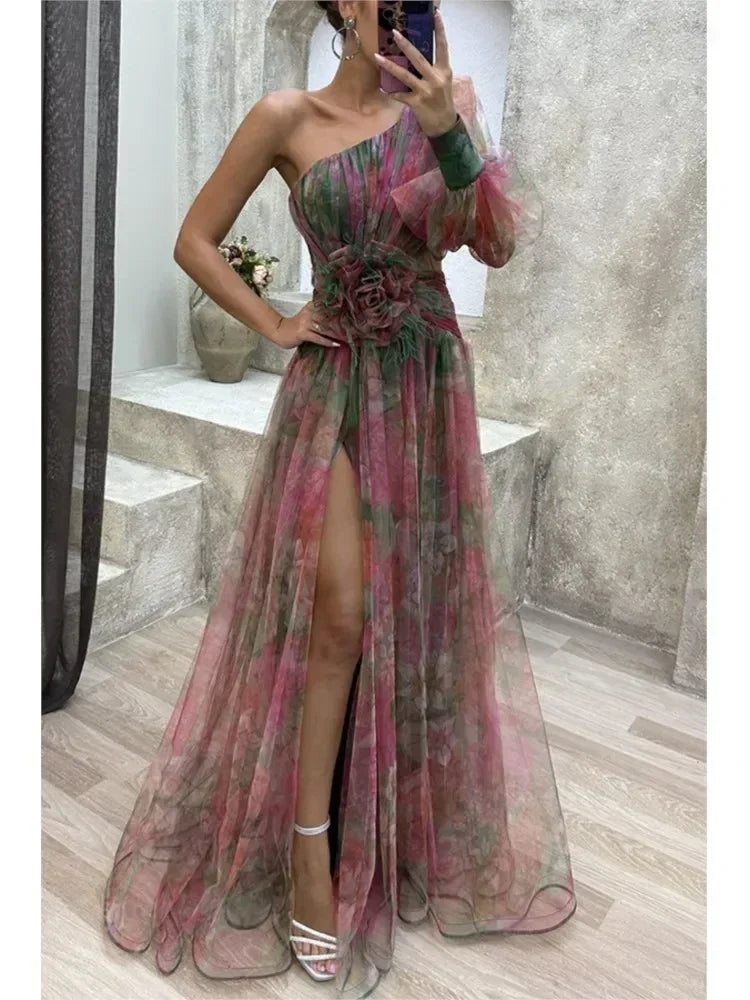 Elegant Oblique Shoulder Single-sleeve  Zipper High Slit Mesh Long Dress For Women Fashion Flower Decoration Party Dress Female Femstylo