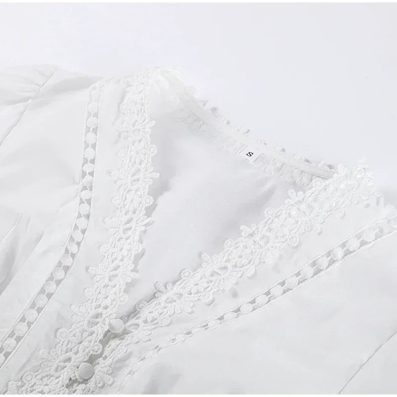 Elegant Lace Patchwork Hollow Out Dress Women Solid V-neck Long Lantern Sleeve Loose Dresses 2025 Spring Vacation Lady Robes Femstylo