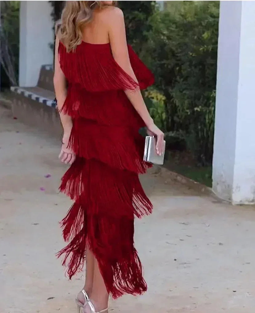 Spring and Summer New Fashion Fringed Slanted Shoulder Asymmetrical Dress for Women Femstylo