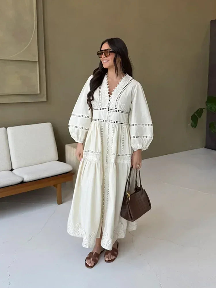 Elegant Lace Patchwork Hollow Out Dress Women Solid V-neck Long Lantern Sleeve Loose Dresses 2025 Spring Vacation Lady Robes Femstylo