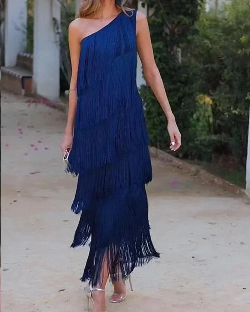 Spring and Summer New Fashion Fringed Slanted Shoulder Asymmetrical Dress for Women Femstylo