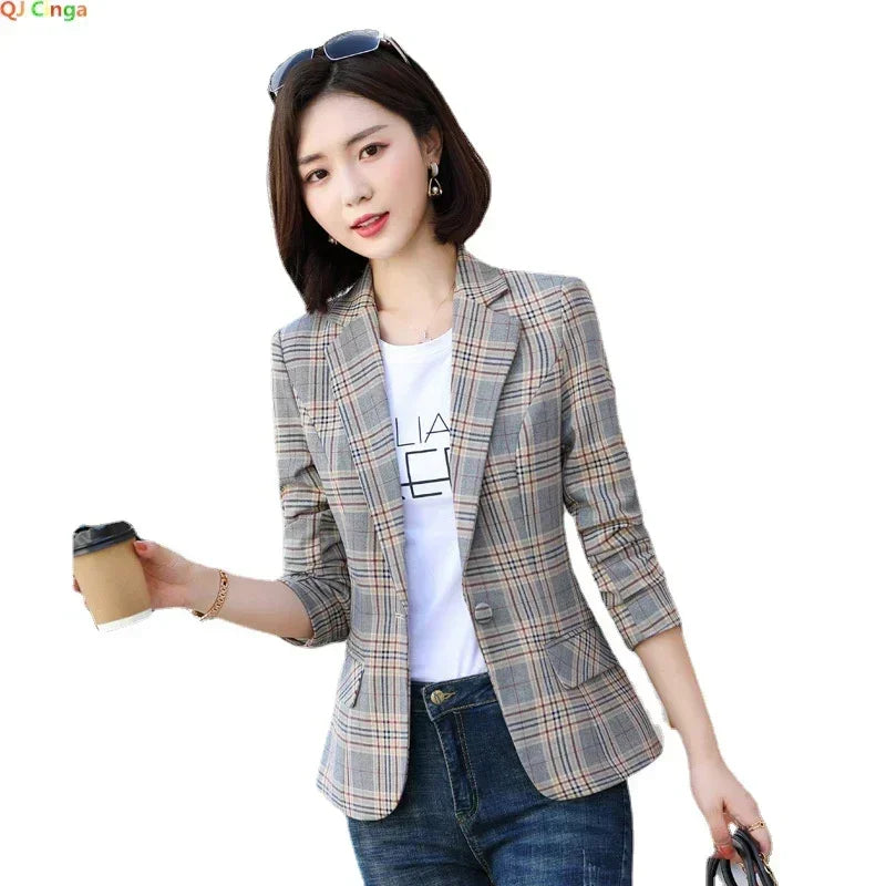 Gray Striped Plaid Blazer Jacket Women's Fashion Slim Coats V-Neck Single Button Ladies Blazers S-XXXXXL Femstylo
