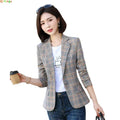 Gray Striped Plaid Blazer Jacket Women's Fashion Slim Coats V-Neck Single Button Ladies Blazers S-XXXXXL Femstylo