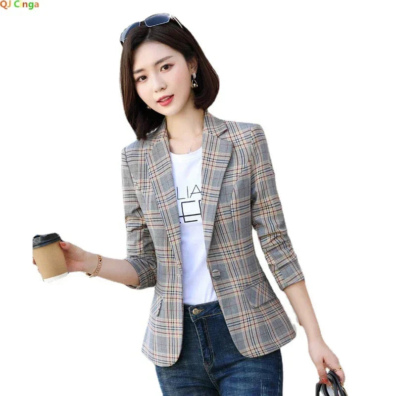 Gray Striped Plaid Blazer Jacket Women's Fashion Slim Coats V-Neck Single Button Ladies Blazers S-XXXXXL Femstylo