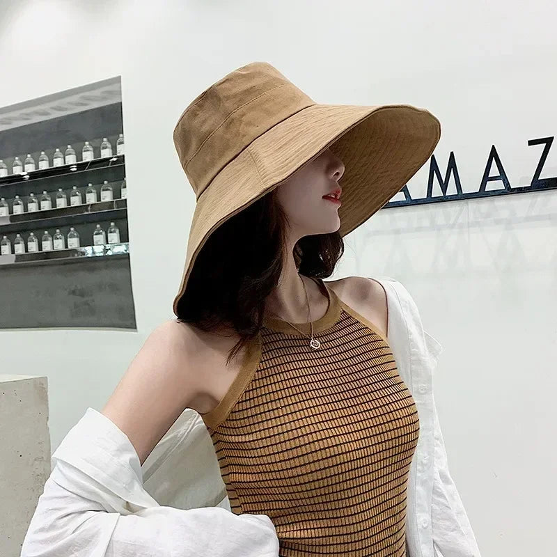 Japanese Sunshade Female Spring and Summer Sunscreen Free To Fold Big Brim Sun Hat Fisherman Hat Cover Face Oversized Hair Femstylo