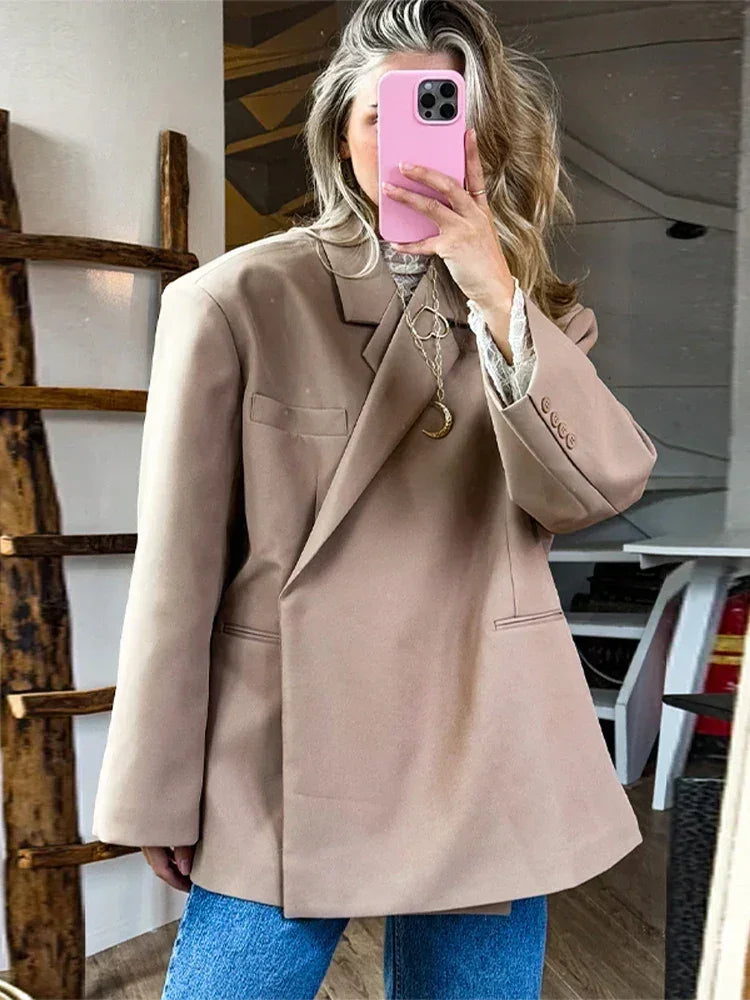 Women's V-Neck Side-Buttoned Suit Jacket Long Sleeve Solid Color Coats Pocket Cuffs Oversize Tops High Street Female Clothes Femstylo