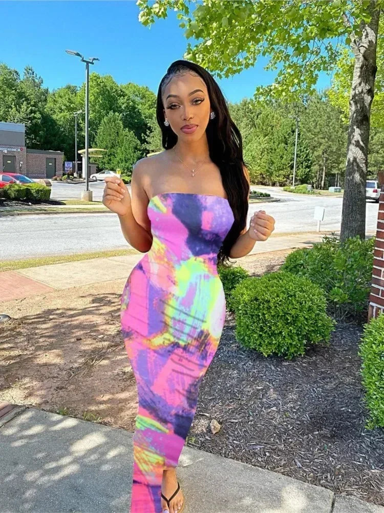 Spring And Summer Dresses For Women Chest Wrap Printed Off Shoulder Bandage Slim Sexy Long Dress 2023 New Fashion party MsChuh Femstylo