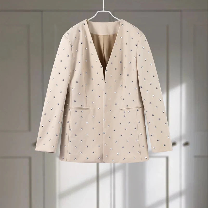 Rivet Fashion V-neck Balzer Coat Women Shoulder Pads Loose Fake Pocket Long Sleeve Jacket 2025 Spring Street Party Commute Tops Urban Fashion Icon