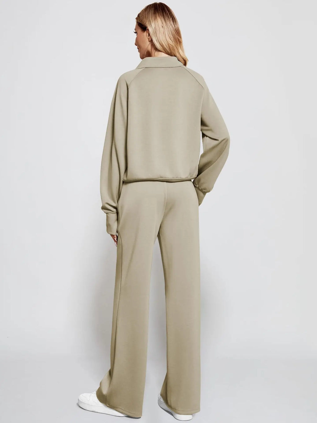Woman Solid Color Half Zip Long Sleeve Sweatshirt and Wide Leg Pants Set Casual Sporty Two Piece Outfit Urban Fashion Icon