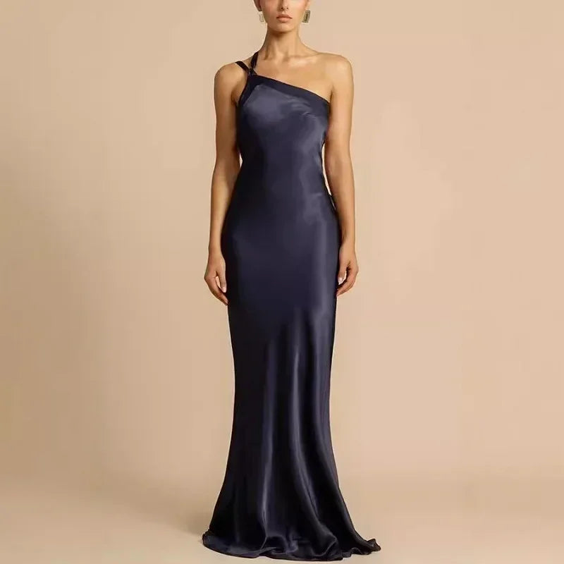 2024 Spring Sexy Inclined Shoulder Party Dress Women High Waist Satin Boho Long Dress Summer Backless Hollow Bandage Maxi Dress Femstylo