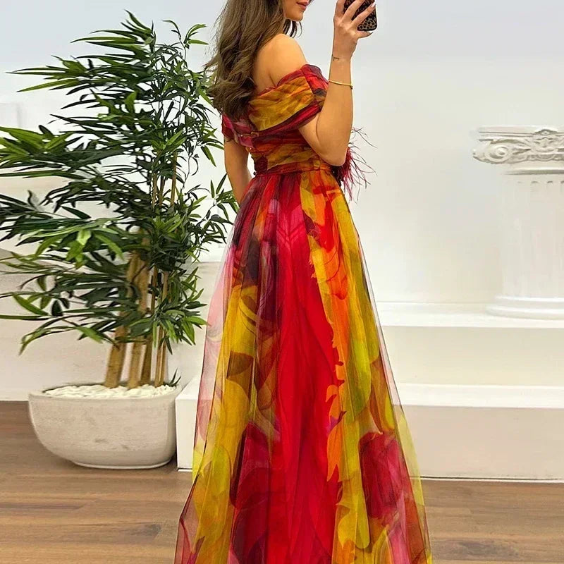 Women 2025 Pattern High Waist Party Dress Sexy Slit Mesh Cocktail Gala Dress Fashion One Shoulder Female Pleated Evening Dress Femstylo